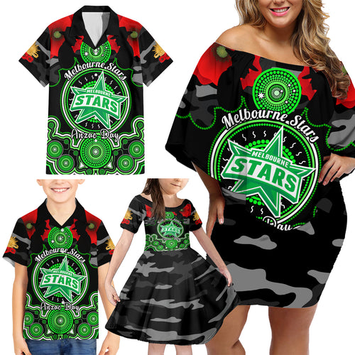 melbourne-stars-anzac-2024-family-matching-off-shoulder-short-dress-and-hawaiian-shirt-lest-we-forget-poppy-mix-camouflage