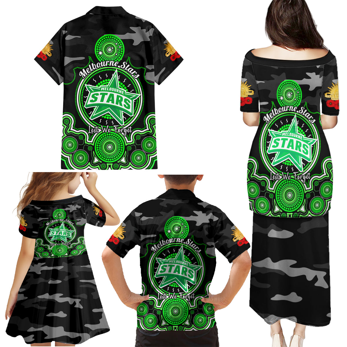 melbourne-stars-anzac-2024-family-matching-puletasi-dress-and-hawaiian-shirt-lest-we-forget-poppy-mix-camouflage