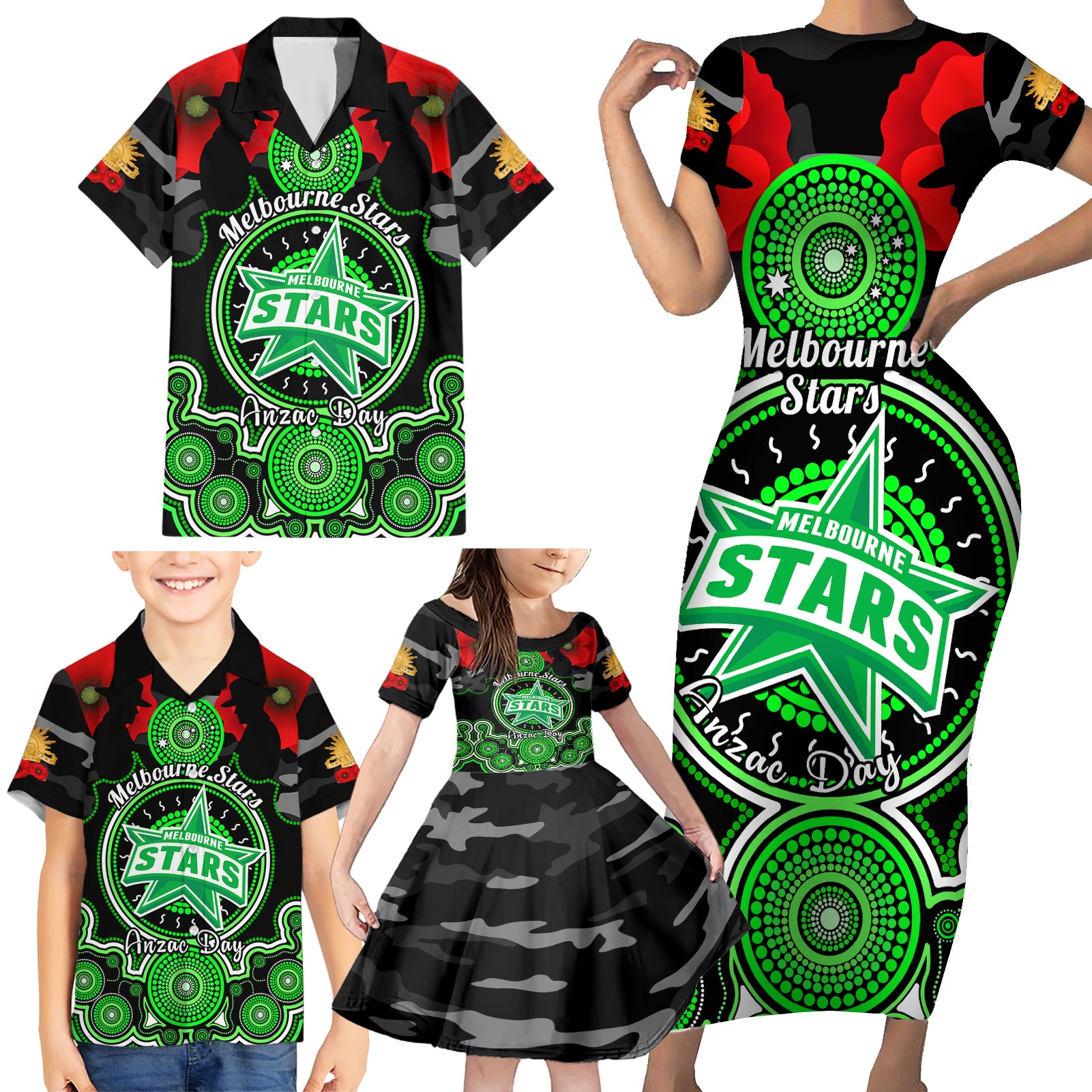 melbourne-stars-anzac-2024-family-matching-short-sleeve-bodycon-dress-and-hawaiian-shirt-lest-we-forget-poppy-mix-camouflage