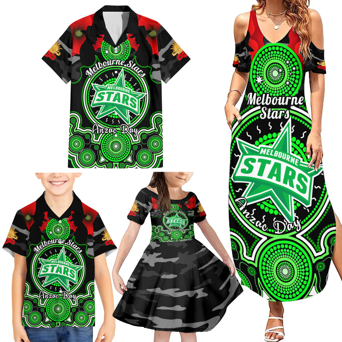 melbourne-stars-anzac-2024-family-matching-summer-maxi-dress-and-hawaiian-shirt-lest-we-forget-poppy-mix-camouflage