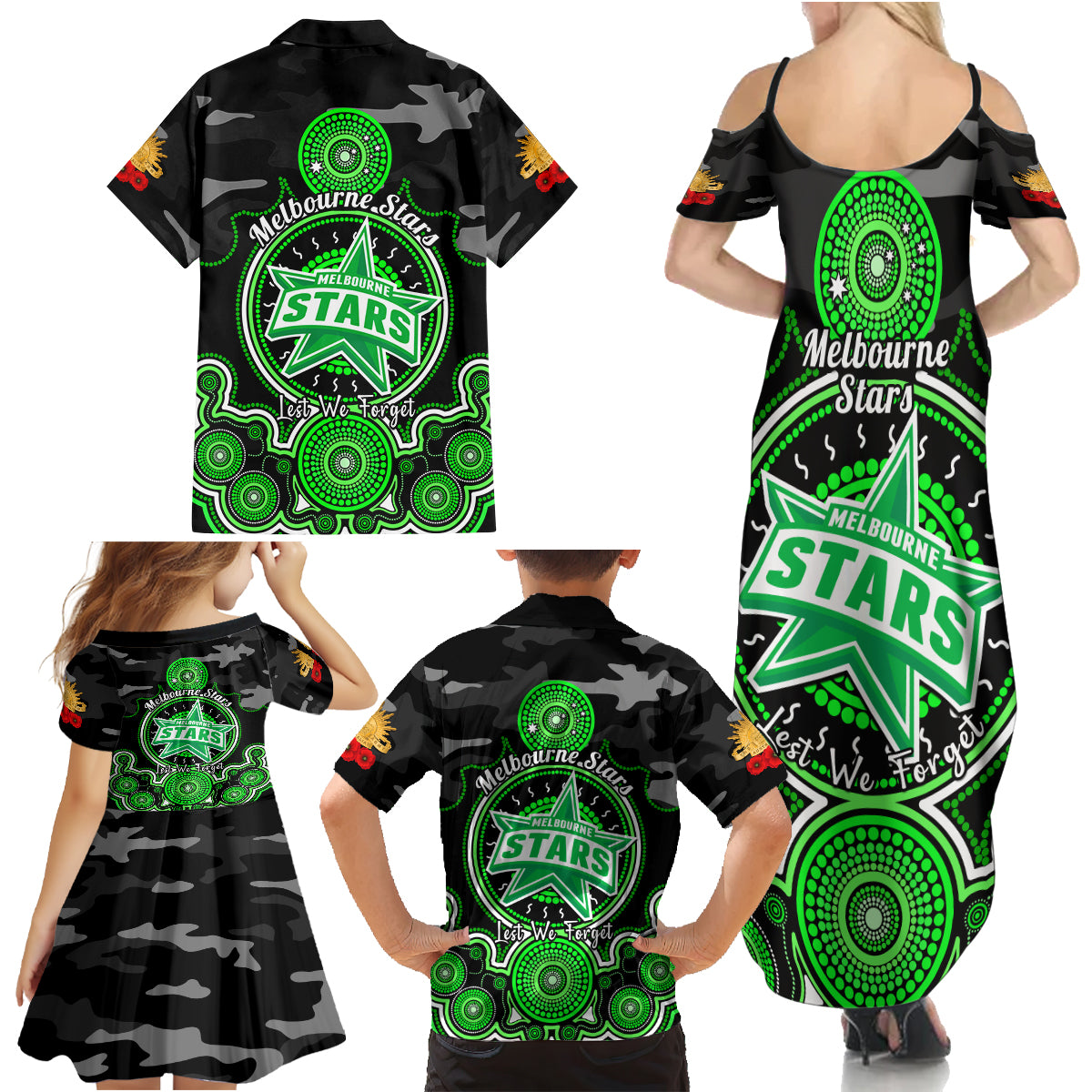 melbourne-stars-anzac-2024-family-matching-summer-maxi-dress-and-hawaiian-shirt-lest-we-forget-poppy-mix-camouflage