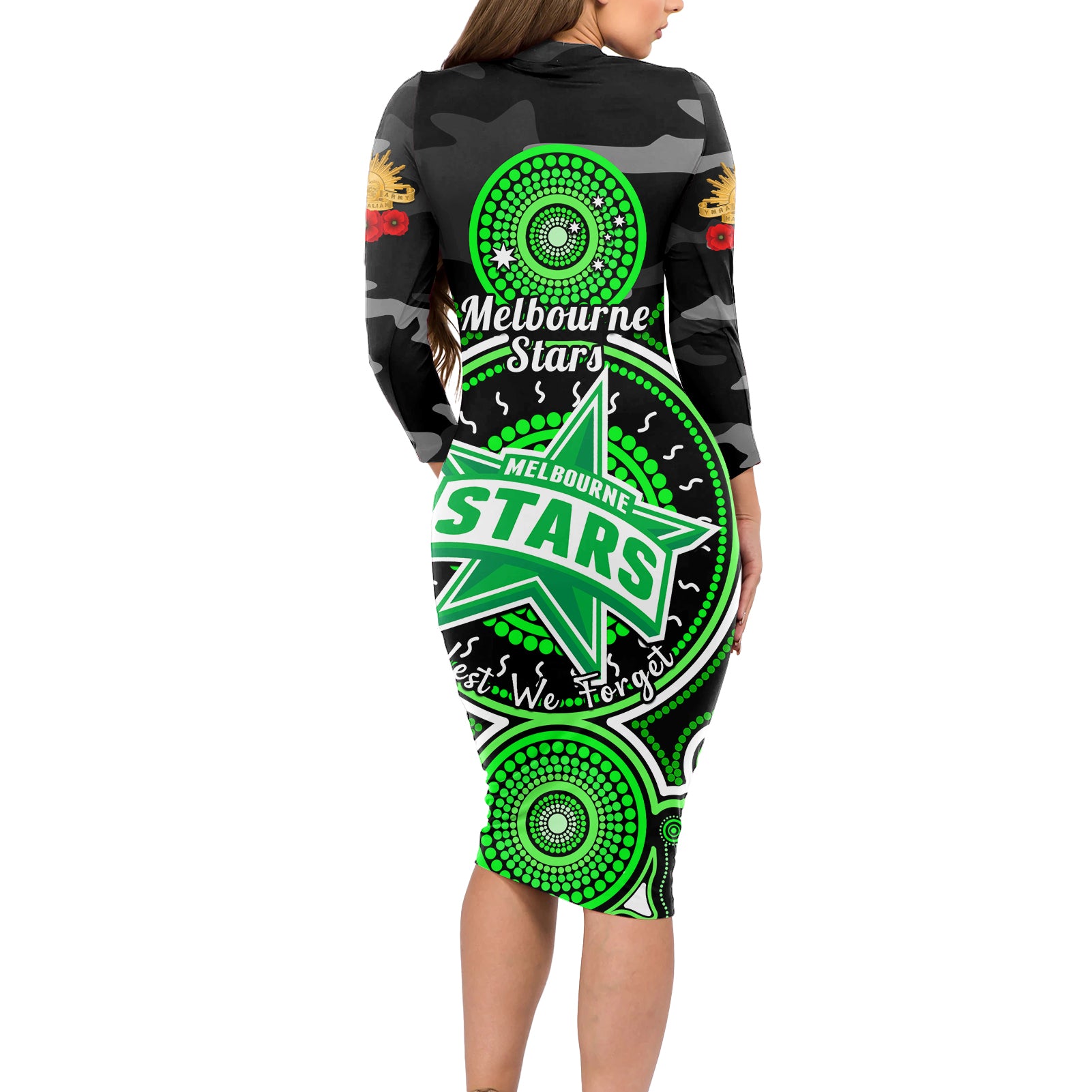 melbourne-stars-anzac-2024-long-sleeve-bodycon-dress-lest-we-forget-poppy-mix-camouflage