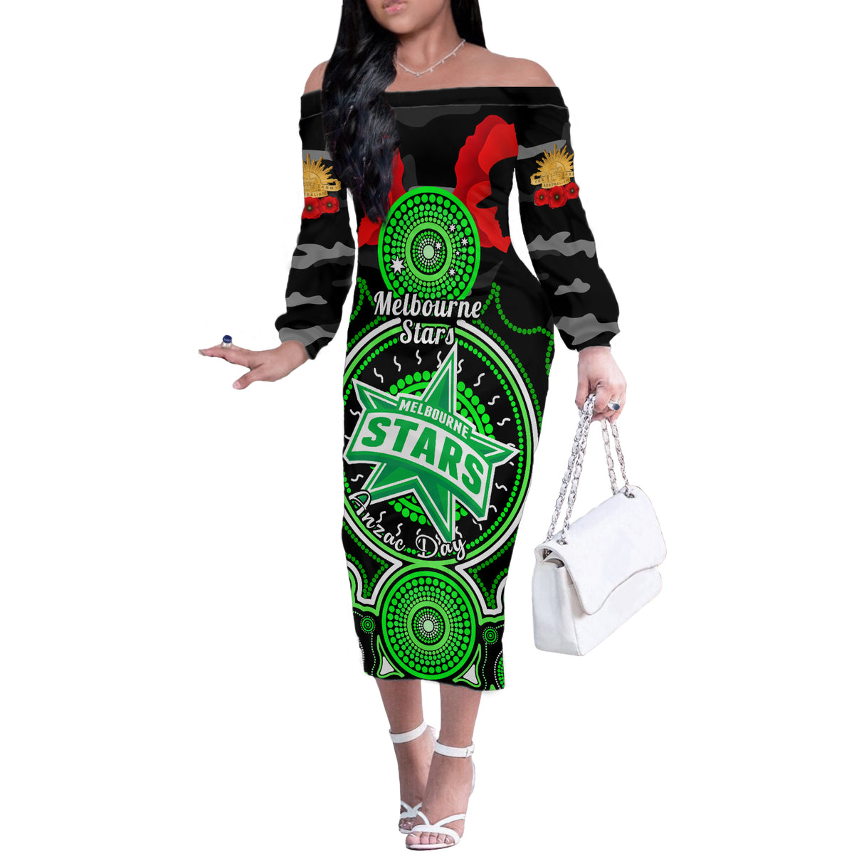 melbourne-stars-anzac-2024-off-the-shoulder-long-sleeve-dress-lest-we-forget-poppy-mix-camouflage