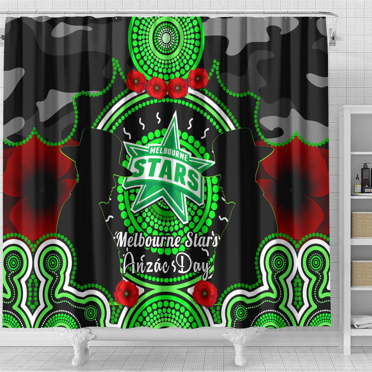 melbourne-stars-anzac-2024-shower-curtain-lest-we-forget-poppy-mix-camouflage