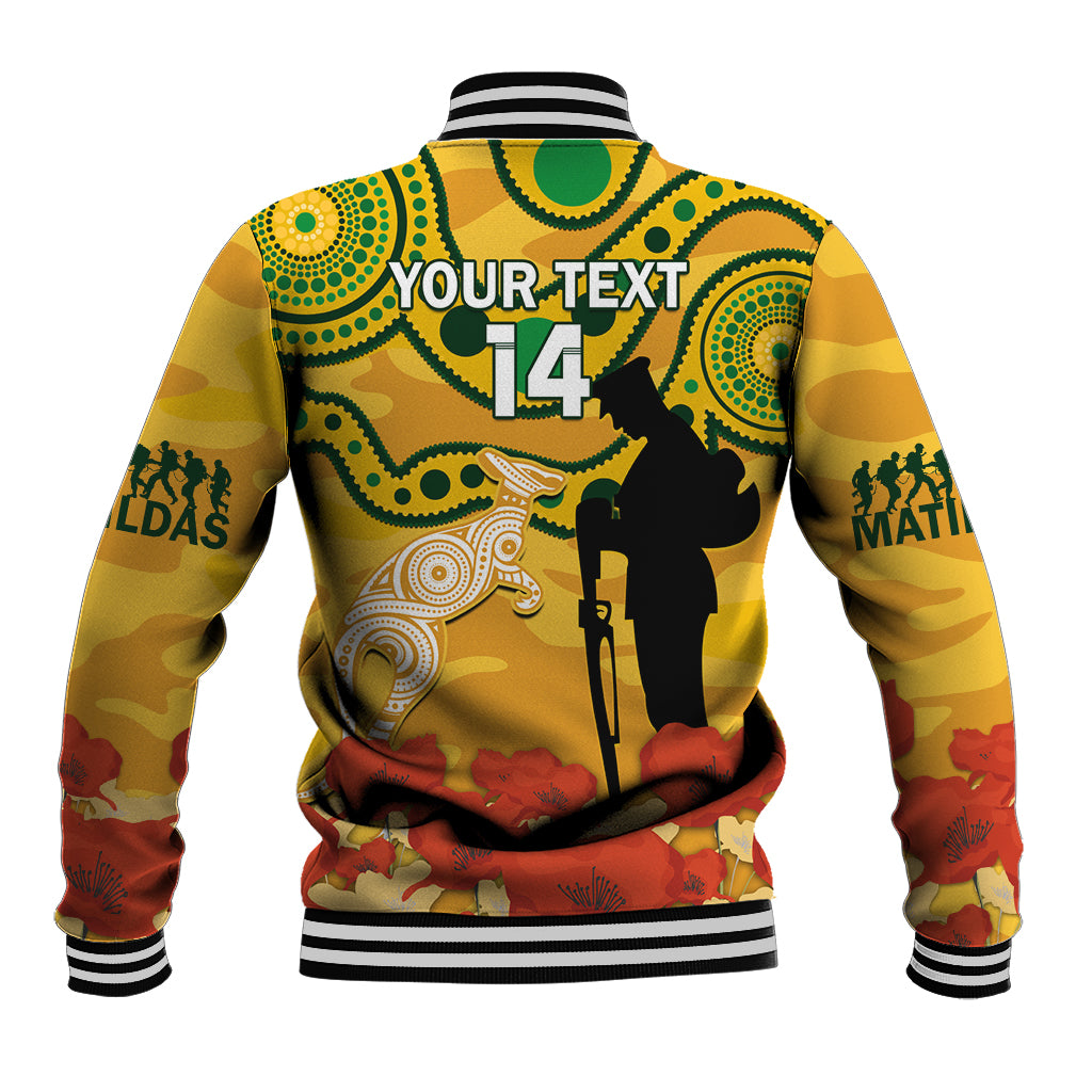 Custom Matildas ANZAC Day Baseball Jacket Lest We Forget Poppies Mix Camouflage Gold