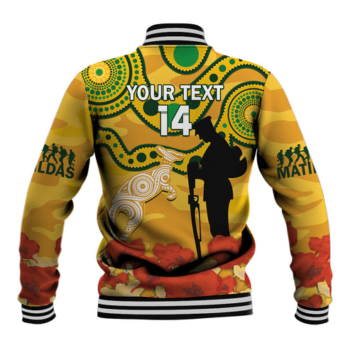 Custom Matildas ANZAC Day Baseball Jacket Lest We Forget Poppies Mix Camouflage Gold