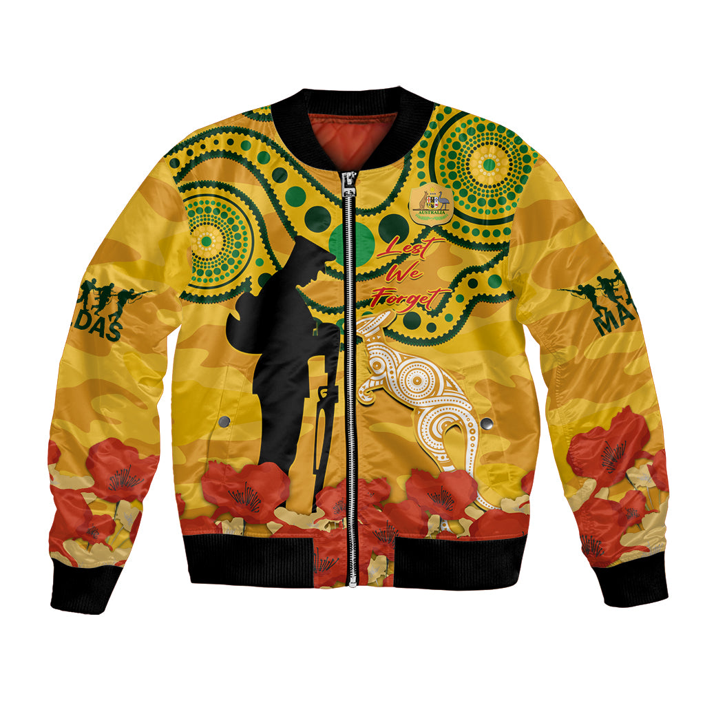 Custom Matildas ANZAC Day Bomber Jacket Lest We Forget Poppies Mix Camouflage Gold