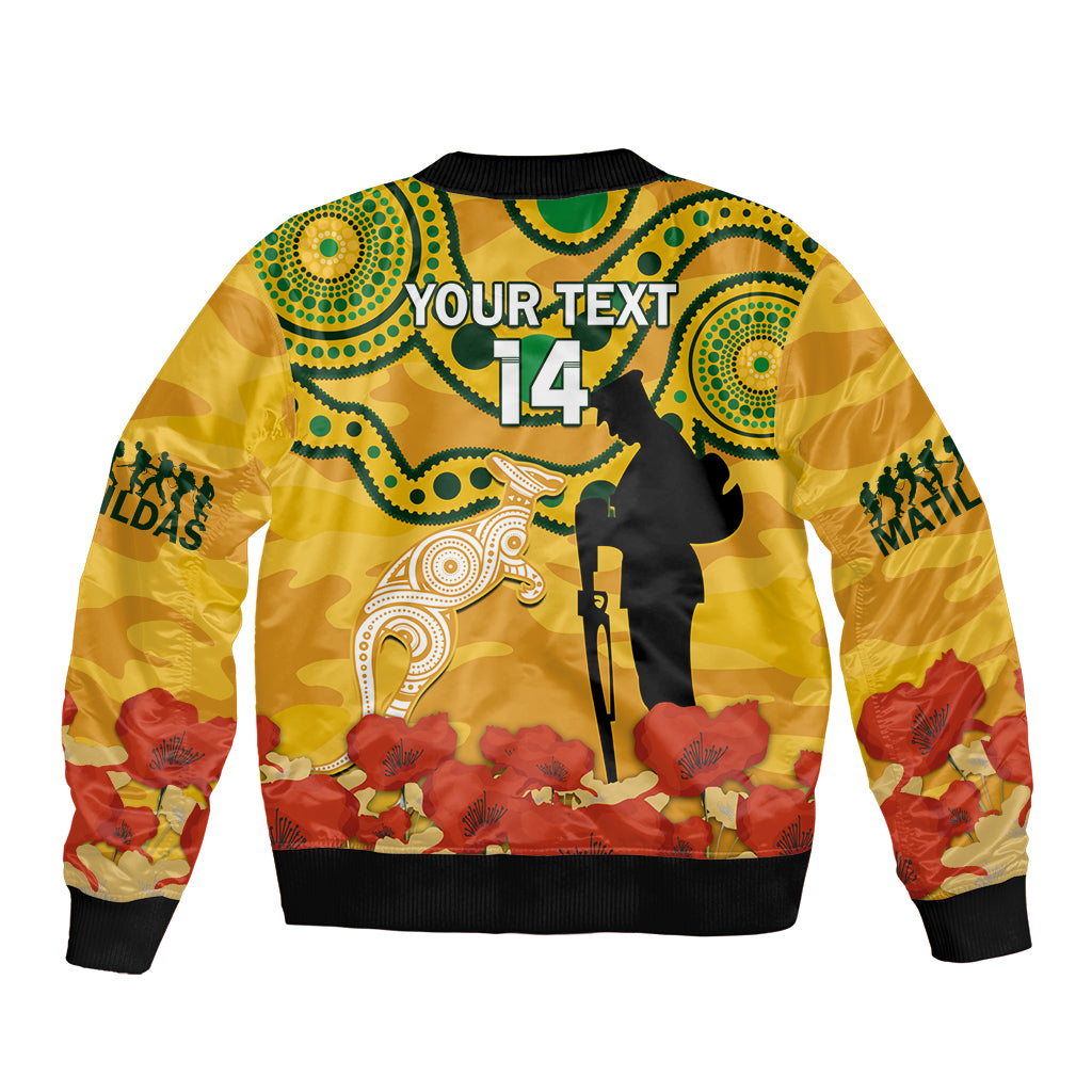 Custom Matildas ANZAC Day Bomber Jacket Lest We Forget Poppies Mix Camouflage Gold