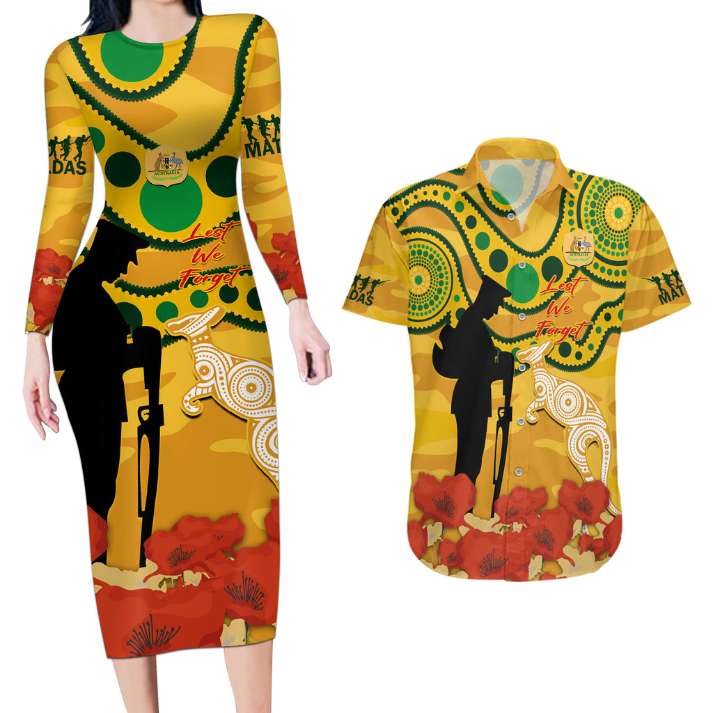 Custom Matildas ANZAC Day Couples Matching Long Sleeve Bodycon Dress and Hawaiian Shirt Lest We Forget Poppies Mix Camouflage Gold