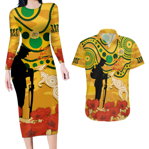 Custom Matildas ANZAC Day Couples Matching Long Sleeve Bodycon Dress and Hawaiian Shirt Lest We Forget Poppies Mix Camouflage Gold