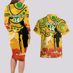 Custom Matildas ANZAC Day Couples Matching Long Sleeve Bodycon Dress and Hawaiian Shirt Lest We Forget Poppies Mix Camouflage Gold