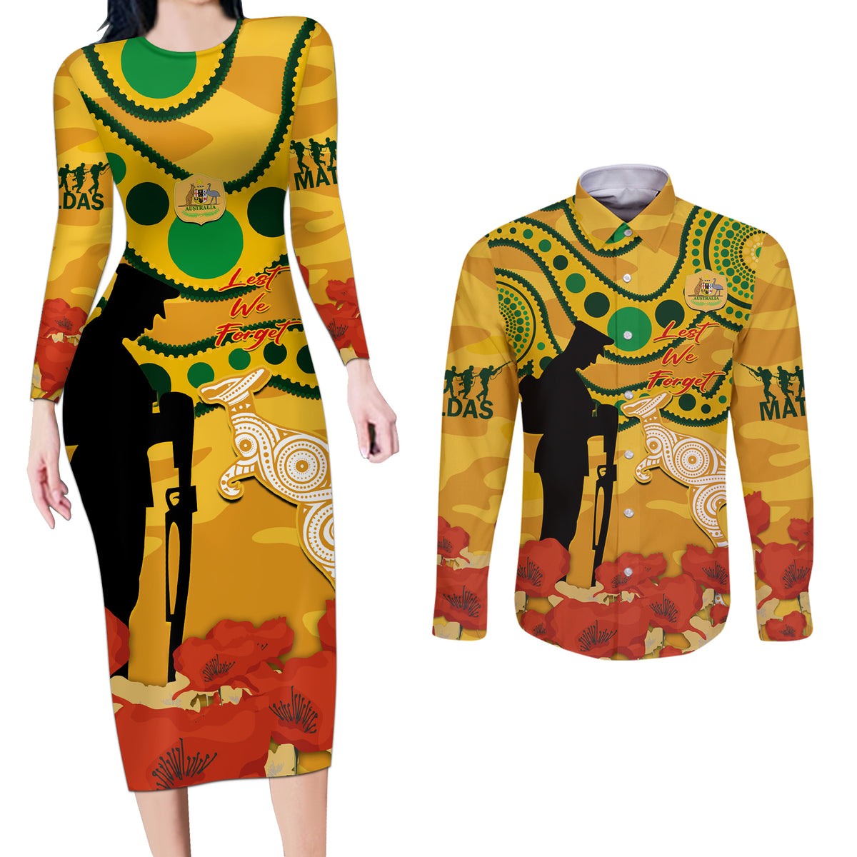 Custom Matildas ANZAC Day Couples Matching Long Sleeve Bodycon Dress and Long Sleeve Button Shirt Lest We Forget Poppies Mix Camouflage Gold