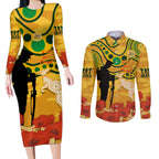 Custom Matildas ANZAC Day Couples Matching Long Sleeve Bodycon Dress and Long Sleeve Button Shirt Lest We Forget Poppies Mix Camouflage Gold