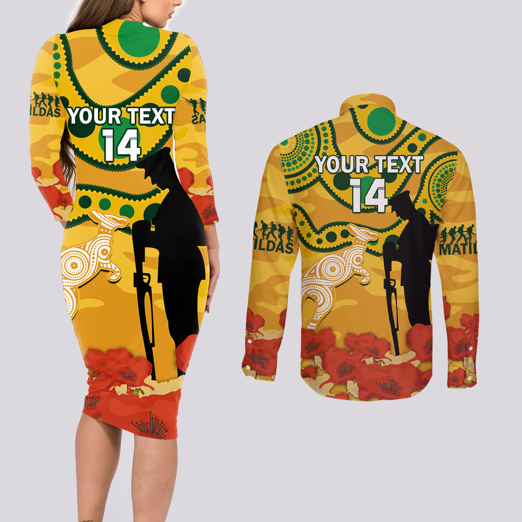 Custom Matildas ANZAC Day Couples Matching Long Sleeve Bodycon Dress and Long Sleeve Button Shirt Lest We Forget Poppies Mix Camouflage Gold
