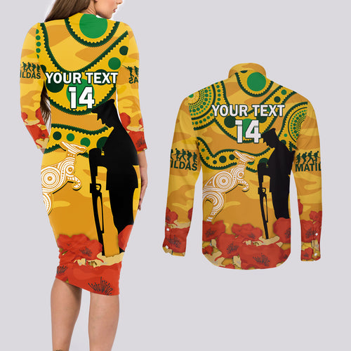 Custom Matildas ANZAC Day Couples Matching Long Sleeve Bodycon Dress and Long Sleeve Button Shirt Lest We Forget Poppies Mix Camouflage Gold