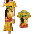 Custom Matildas ANZAC Day Couples Matching Mermaid Dress and Hawaiian Shirt Lest We Forget Poppies Mix Camouflage Gold