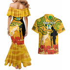 Custom Matildas ANZAC Day Couples Matching Mermaid Dress and Hawaiian Shirt Lest We Forget Poppies Mix Camouflage Gold