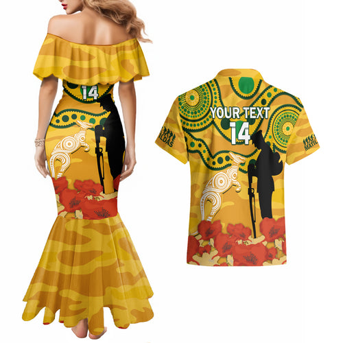 Custom Matildas ANZAC Day Couples Matching Mermaid Dress and Hawaiian Shirt Lest We Forget Poppies Mix Camouflage Gold