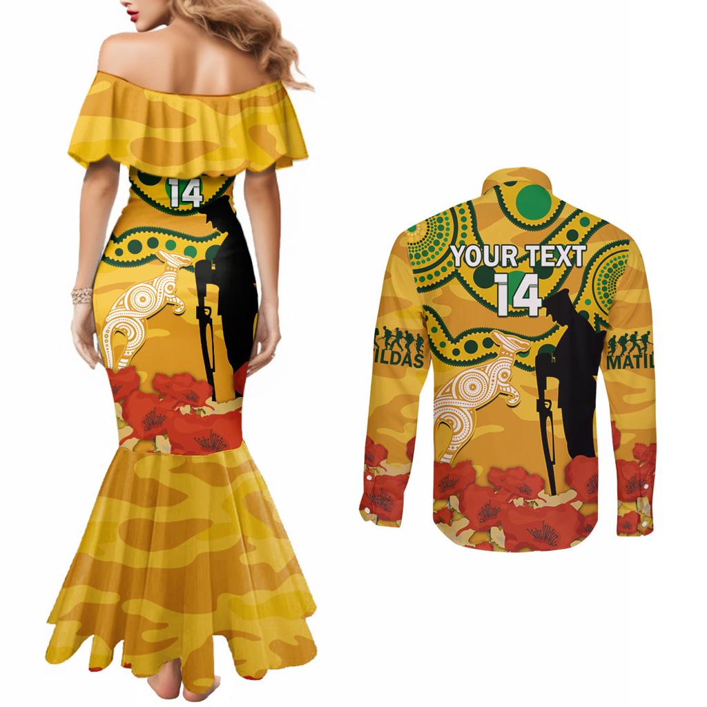 Custom Matildas ANZAC Day Couples Matching Mermaid Dress and Long Sleeve Button Shirt Lest We Forget Poppies Mix Camouflage Gold