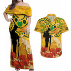 Custom Matildas ANZAC Day Couples Matching Off Shoulder Maxi Dress and Hawaiian Shirt Lest We Forget Poppies Mix Camouflage Gold