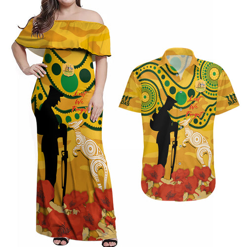 Custom Matildas ANZAC Day Couples Matching Off Shoulder Maxi Dress and Hawaiian Shirt Lest We Forget Poppies Mix Camouflage Gold