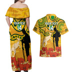 Custom Matildas ANZAC Day Couples Matching Off Shoulder Maxi Dress and Hawaiian Shirt Lest We Forget Poppies Mix Camouflage Gold