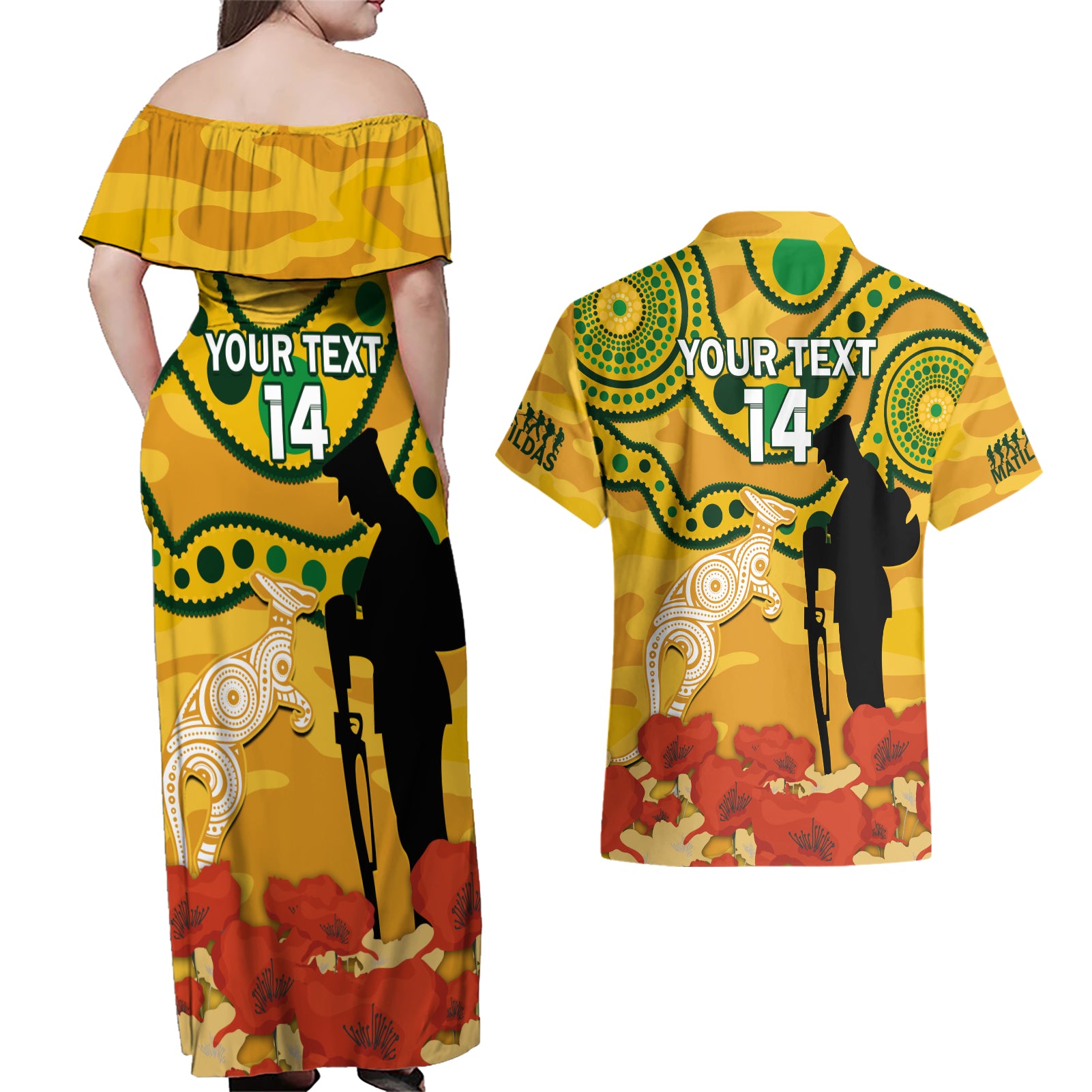 Custom Matildas ANZAC Day Couples Matching Off Shoulder Maxi Dress and Hawaiian Shirt Lest We Forget Poppies Mix Camouflage Gold