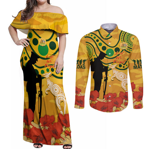 Custom Matildas ANZAC Day Couples Matching Off Shoulder Maxi Dress and Long Sleeve Button Shirt Lest We Forget Poppies Mix Camouflage Gold