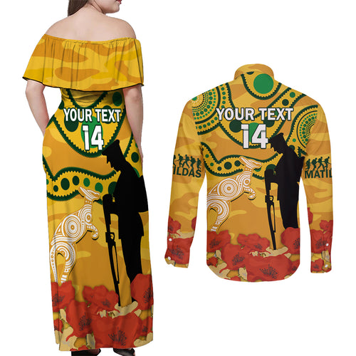 Custom Matildas ANZAC Day Couples Matching Off Shoulder Maxi Dress and Long Sleeve Button Shirt Lest We Forget Poppies Mix Camouflage Gold