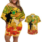 Custom Matildas ANZAC Day Couples Matching Off Shoulder Short Dress and Hawaiian Shirt Lest We Forget Poppies Mix Camouflage Gold