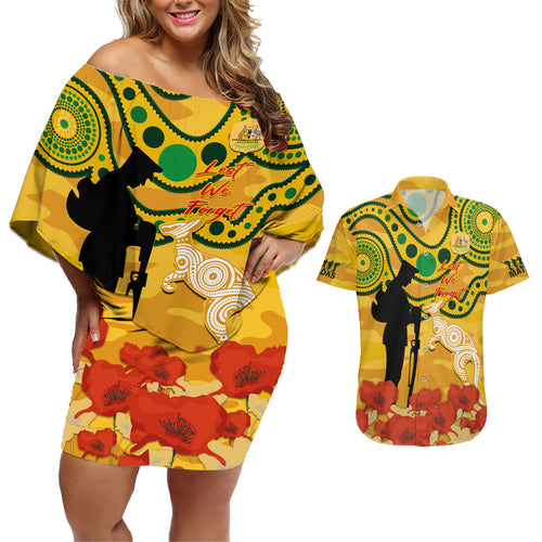 Custom Matildas ANZAC Day Couples Matching Off Shoulder Short Dress and Hawaiian Shirt Lest We Forget Poppies Mix Camouflage Gold