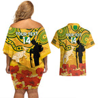 Custom Matildas ANZAC Day Couples Matching Off Shoulder Short Dress and Hawaiian Shirt Lest We Forget Poppies Mix Camouflage Gold
