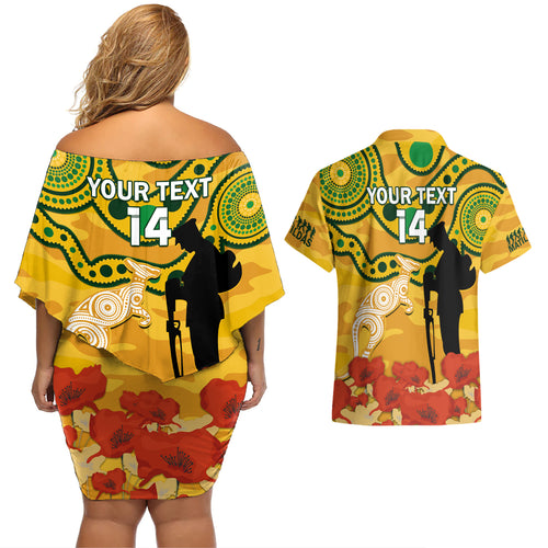 Custom Matildas ANZAC Day Couples Matching Off Shoulder Short Dress and Hawaiian Shirt Lest We Forget Poppies Mix Camouflage Gold