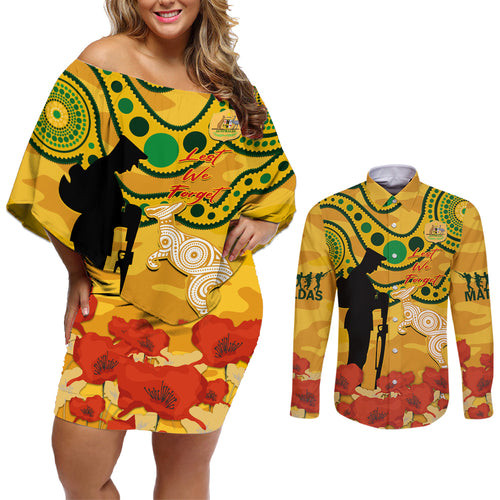 Custom Matildas ANZAC Day Couples Matching Off Shoulder Short Dress and Long Sleeve Button Shirt Lest We Forget Poppies Mix Camouflage Gold