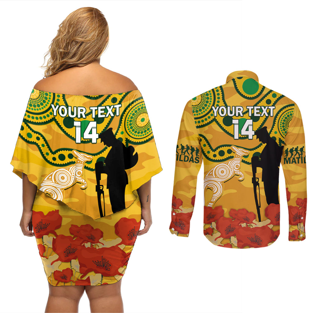Custom Matildas ANZAC Day Couples Matching Off Shoulder Short Dress and Long Sleeve Button Shirt Lest We Forget Poppies Mix Camouflage Gold