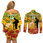 Custom Matildas ANZAC Day Couples Matching Off Shoulder Short Dress and Long Sleeve Button Shirt Lest We Forget Poppies Mix Camouflage Gold