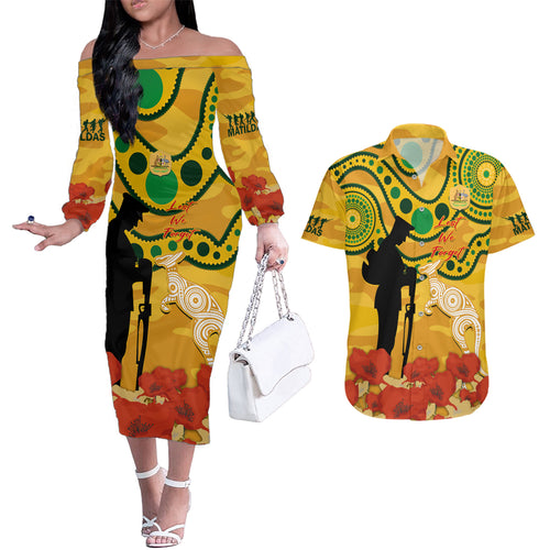 Custom Matildas ANZAC Day Couples Matching Off The Shoulder Long Sleeve Dress and Hawaiian Shirt Lest We Forget Poppies Mix Camouflage Gold