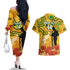 Custom Matildas ANZAC Day Couples Matching Off The Shoulder Long Sleeve Dress and Hawaiian Shirt Lest We Forget Poppies Mix Camouflage Gold