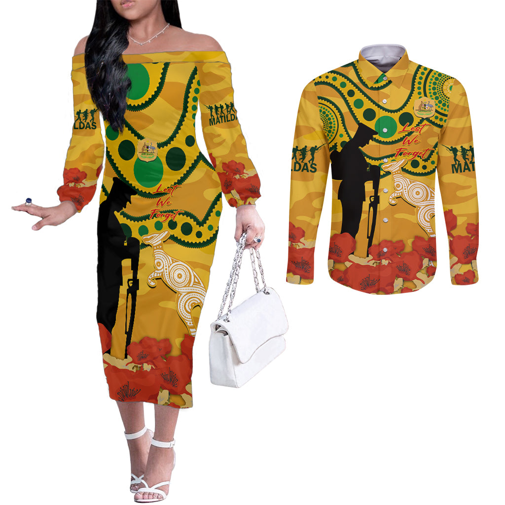 Custom Matildas ANZAC Day Couples Matching Off The Shoulder Long Sleeve Dress and Long Sleeve Button Shirt Lest We Forget Poppies Mix Camouflage Gold