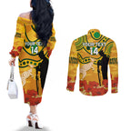 Custom Matildas ANZAC Day Couples Matching Off The Shoulder Long Sleeve Dress and Long Sleeve Button Shirt Lest We Forget Poppies Mix Camouflage Gold