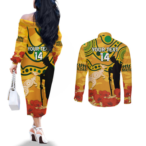 Custom Matildas ANZAC Day Couples Matching Off The Shoulder Long Sleeve Dress and Long Sleeve Button Shirt Lest We Forget Poppies Mix Camouflage Gold