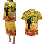 Custom Matildas ANZAC Day Couples Matching Puletasi and Hawaiian Shirt Lest We Forget Poppies Mix Camouflage Gold