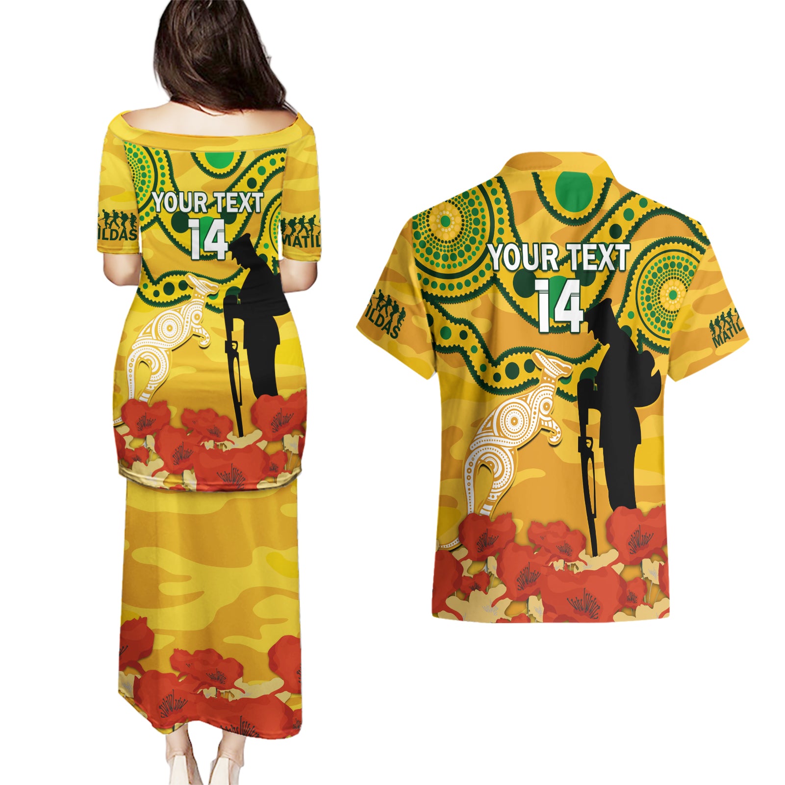 Custom Matildas ANZAC Day Couples Matching Puletasi and Hawaiian Shirt Lest We Forget Poppies Mix Camouflage Gold