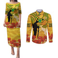 Custom Matildas ANZAC Day Couples Matching Puletasi and Long Sleeve Button Shirt Lest We Forget Poppies Mix Camouflage Gold