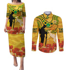 Custom Matildas ANZAC Day Couples Matching Puletasi and Long Sleeve Button Shirt Lest We Forget Poppies Mix Camouflage Gold