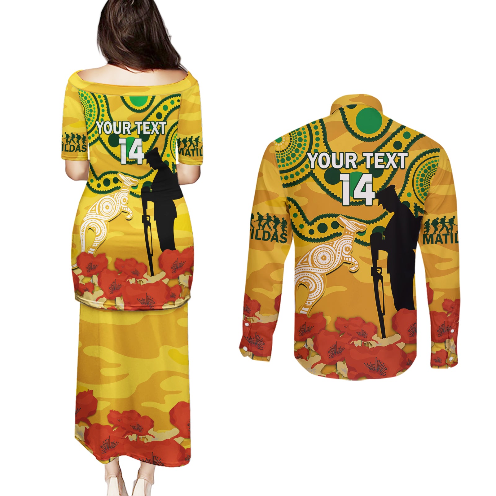 Custom Matildas ANZAC Day Couples Matching Puletasi and Long Sleeve Button Shirt Lest We Forget Poppies Mix Camouflage Gold