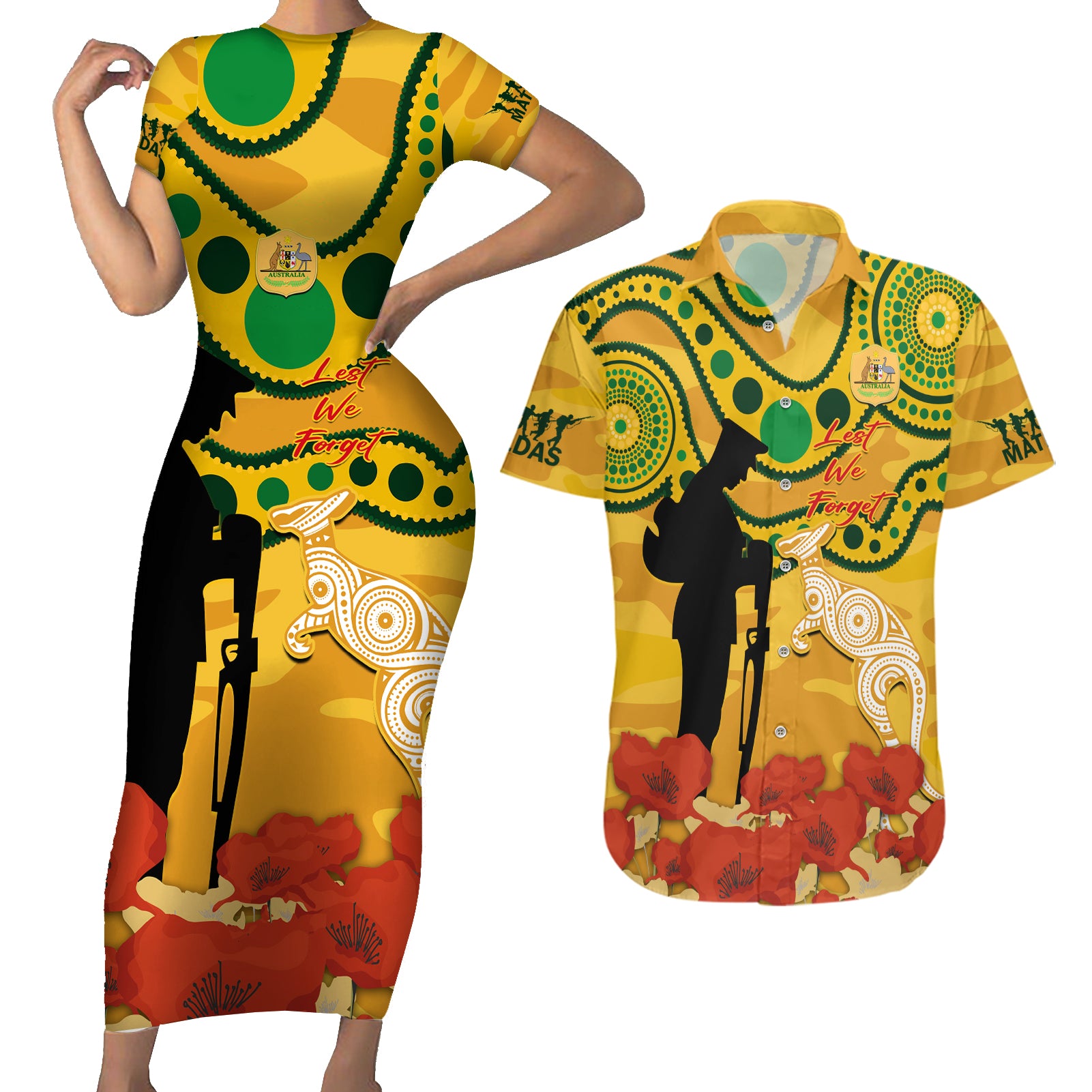 Custom Matildas ANZAC Day Couples Matching Short Sleeve Bodycon Dress and Hawaiian Shirt Lest We Forget Poppies Mix Camouflage Gold