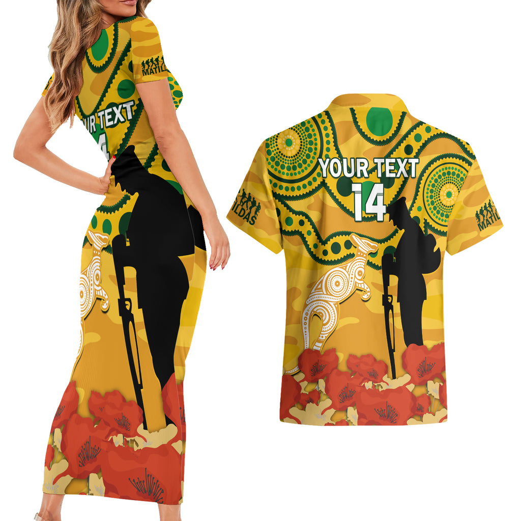 Custom Matildas ANZAC Day Couples Matching Short Sleeve Bodycon Dress and Hawaiian Shirt Lest We Forget Poppies Mix Camouflage Gold