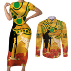 Custom Matildas ANZAC Day Couples Matching Short Sleeve Bodycon Dress and Long Sleeve Button Shirt Lest We Forget Poppies Mix Camouflage Gold