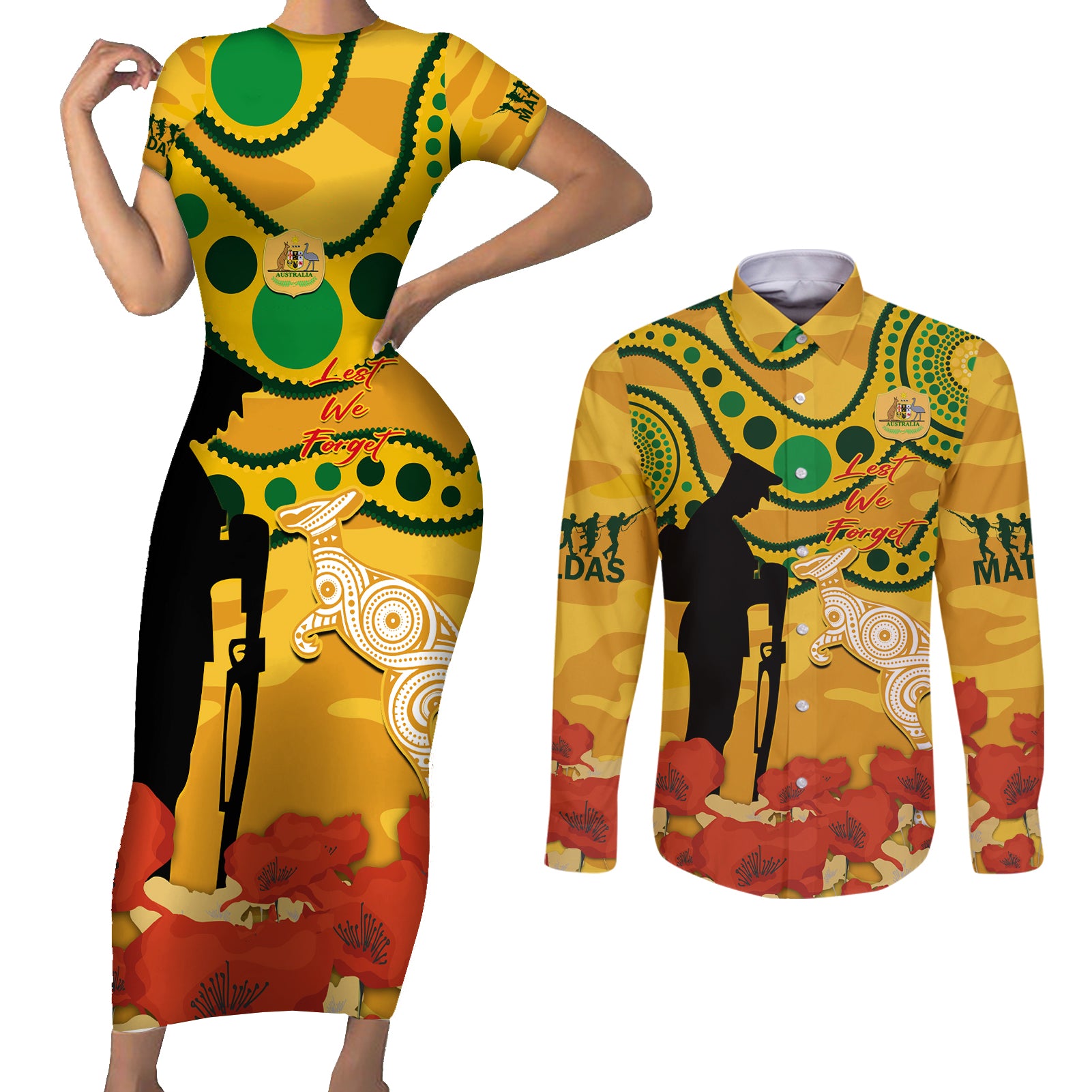Custom Matildas ANZAC Day Couples Matching Short Sleeve Bodycon Dress and Long Sleeve Button Shirt Lest We Forget Poppies Mix Camouflage Gold